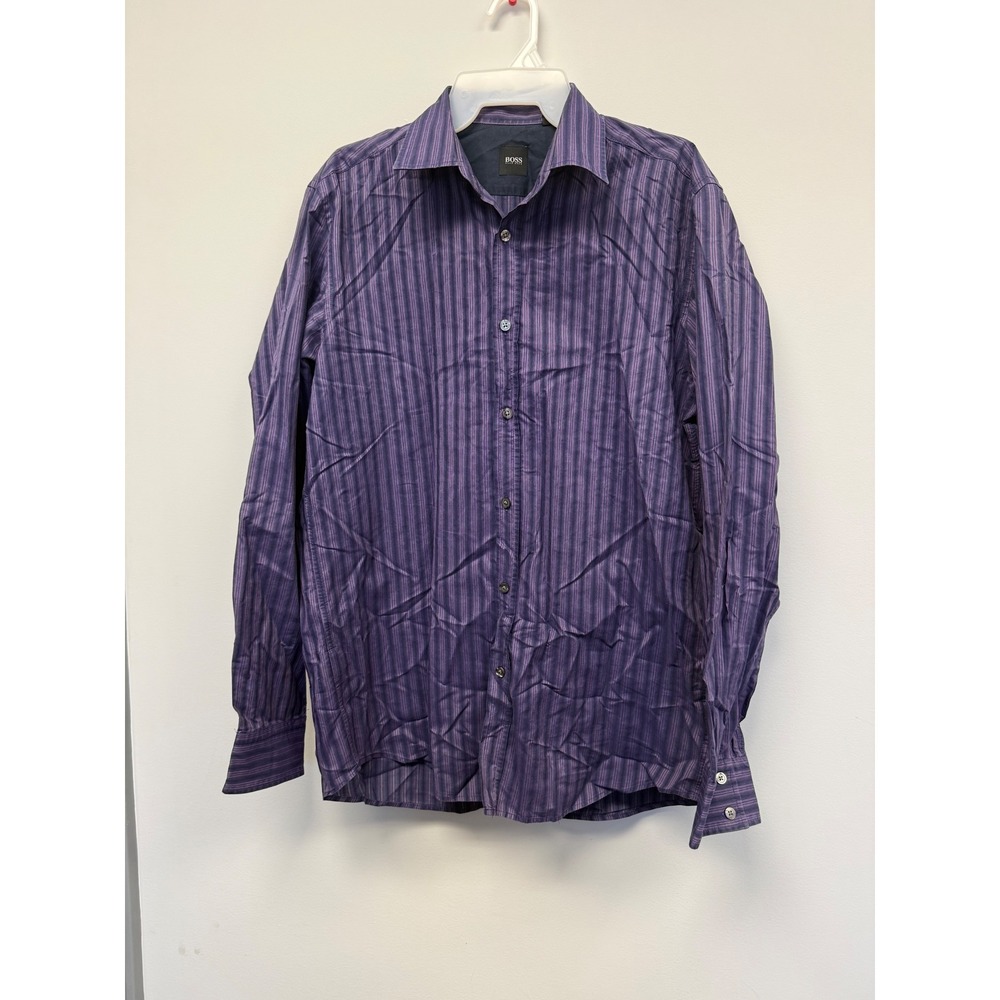 Hugo Boss Mens Large Purple Striped Button Down Long Sleeve Cotton Dress Shirt